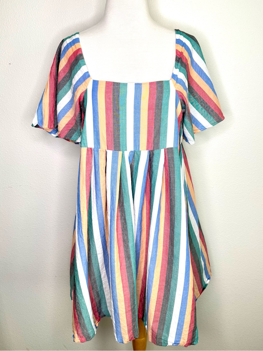 Madewell Dress Square-Neck Mini  Festival Stripe Multicolor Flutter Sleeve